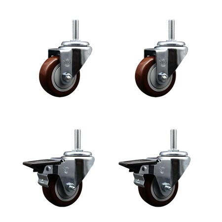 Service Caster 3 Inch Maroon Polyurethane Wheel Swivel 34 Inch Threaded Stem Caster Set 2 Brakes SCC SCC-TS20S314-PPUB-MRN-34212-2-PLB-2